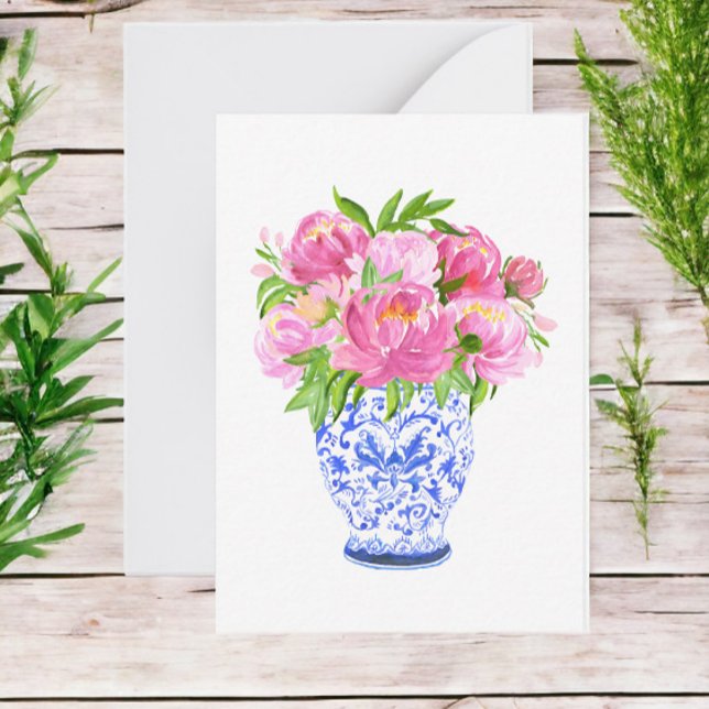 Pink Peonies Chinoiserie Vase Note Card (Creator Uploaded)