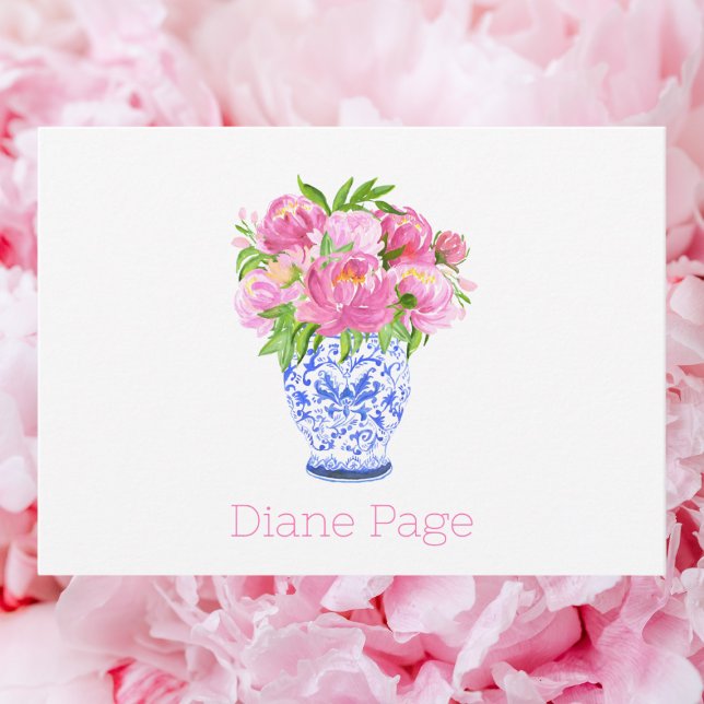 Pink Peonies Chinoiserie Vase Personalized  Note Card (Creator Uploaded)
