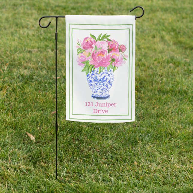 Pink Peonies Chinoiserie Vase Street Address Garden Flag (In SItu)