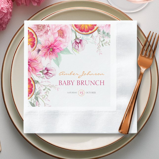 Pink Peonies & Citrus Baby Shower Napkins (Citrus and pink watercolor flowers baby shower party napkins)