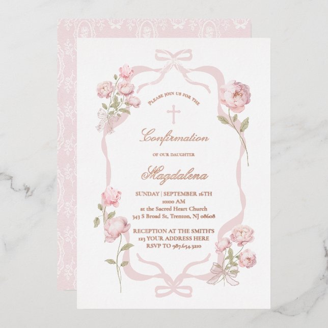pink peonies Confirmation girl Foil Invitation (Front/Back)