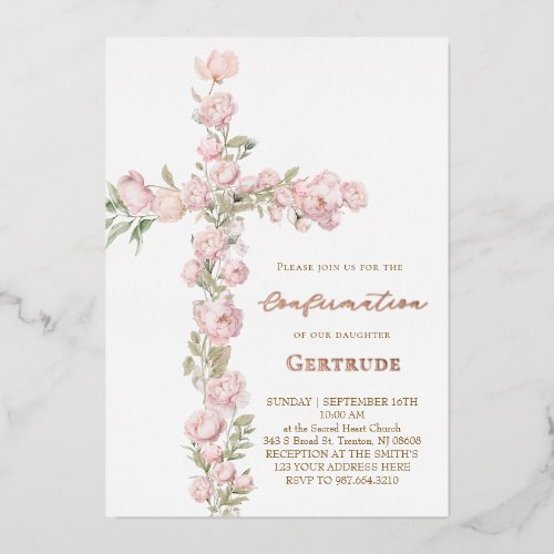 pink peonies cross Confirmation Foil Invitation