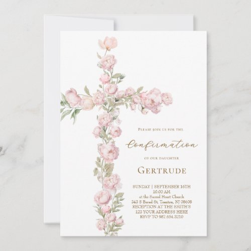pink peonies cross Confirmation Invitation