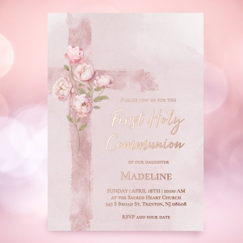 pink peonies cross First holy Communion Foil Invitation