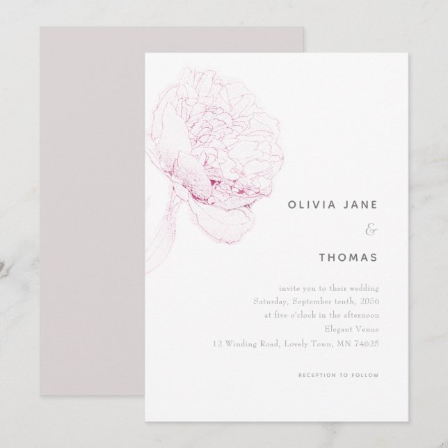 Pink Peonies Elegant Floral Sketch Wedding Invitation (Front/Back)