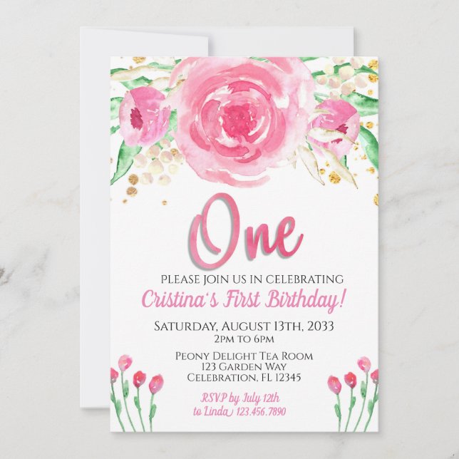 Pink Peonies Enchanted Chic First Birthday Invitation (Front)