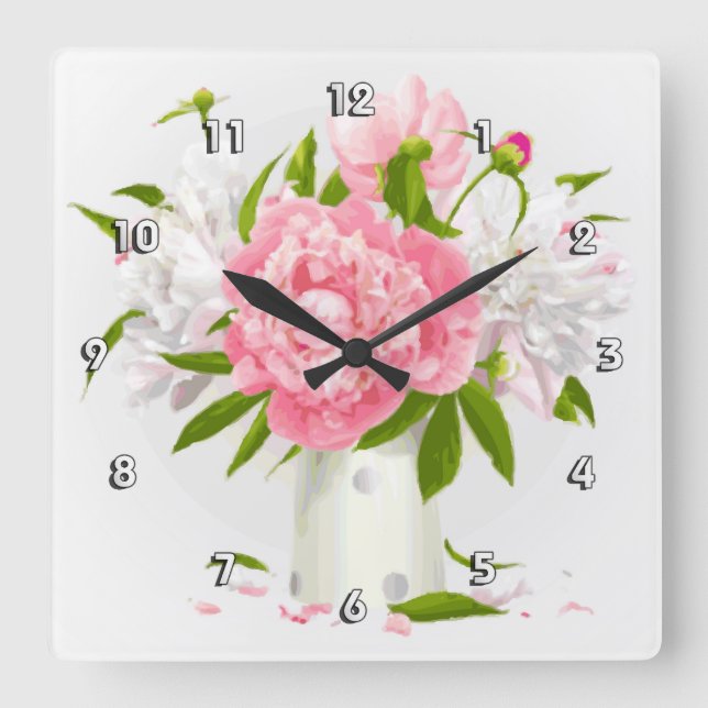 Pink Peonies Fine Floral Square Wall Clock (Front)