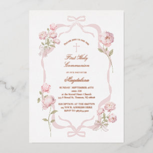pink peonies First Holy Communion girl Foil Invitation