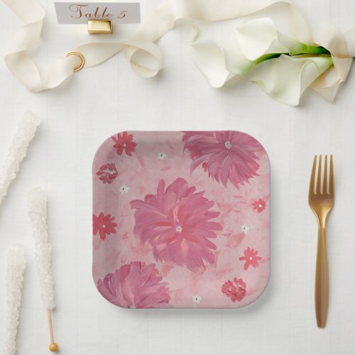 Pink Peonies Floral 7 Square Paper Plates