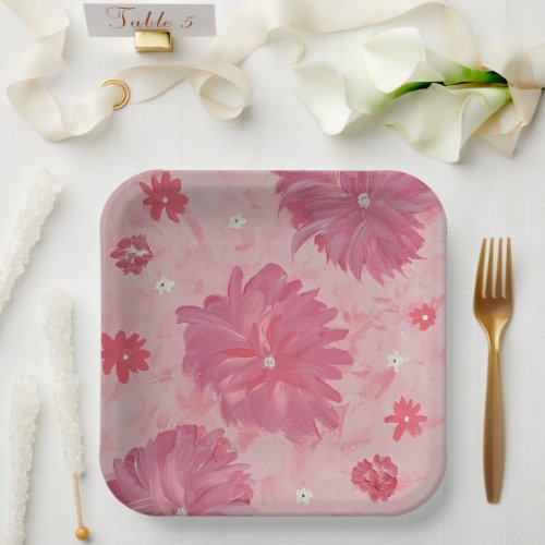 Pink Peonies Floral 9 Square Paper Plates