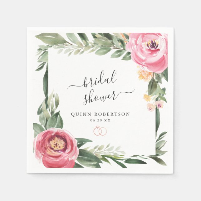 Pink Peonies Floral Bridal Shower Personalized Napkins (Front)