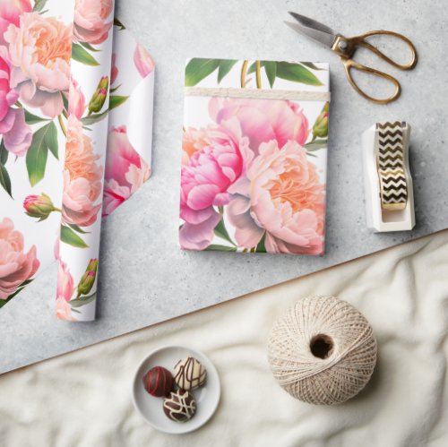 Pink Peonies Floral Bridal Shower Wrapping Paper