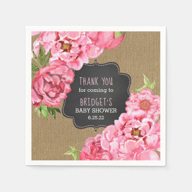 Pink Peonies floral burlap baby shower decor Paper Napkins (Front)