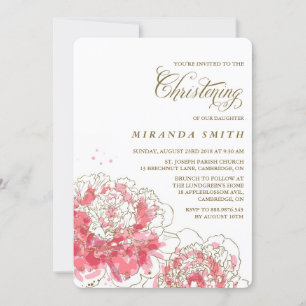 Pink Peonies   Floral Christening Invitation