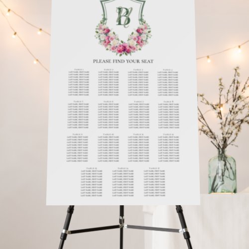 Pink Peonies Floral Crest 15 Table Seating Chart Foam Board