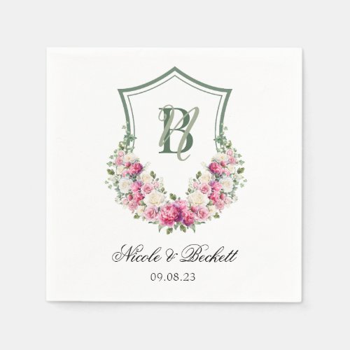 Pink Peonies Floral Crest Wedding Napkins