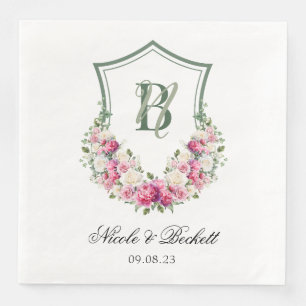 Pink Peonies Floral Crest Wedding Paper Dinner Napkins