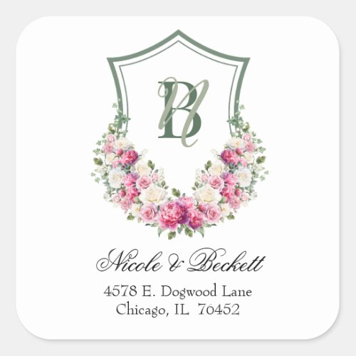 Pink Peonies Floral Crest Wedding Return Address Square Sticker