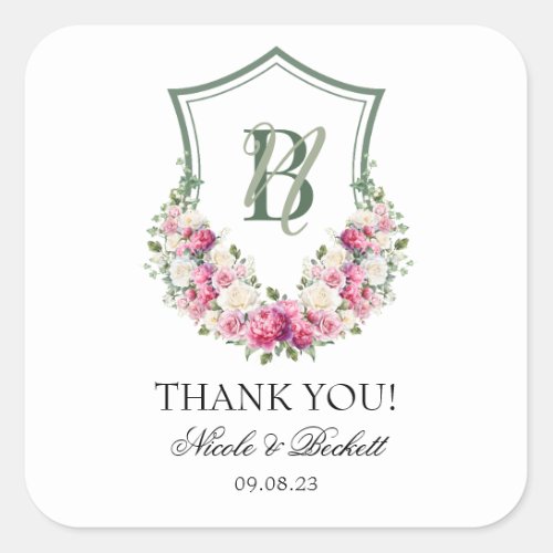 Pink Peonies Floral Crest Wedding Thank You Square Sticker