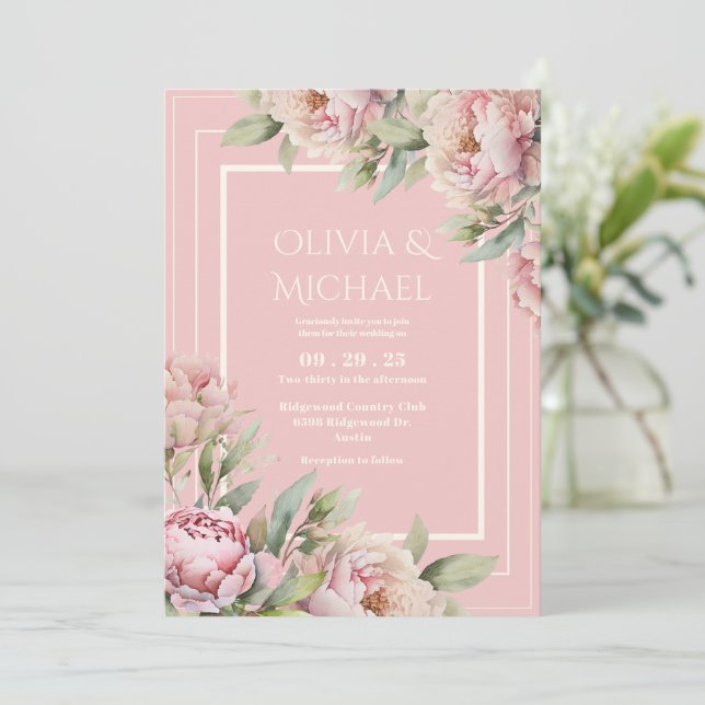 Pink Peonies Floral Elegant Wedding Invitation (Standing Front)