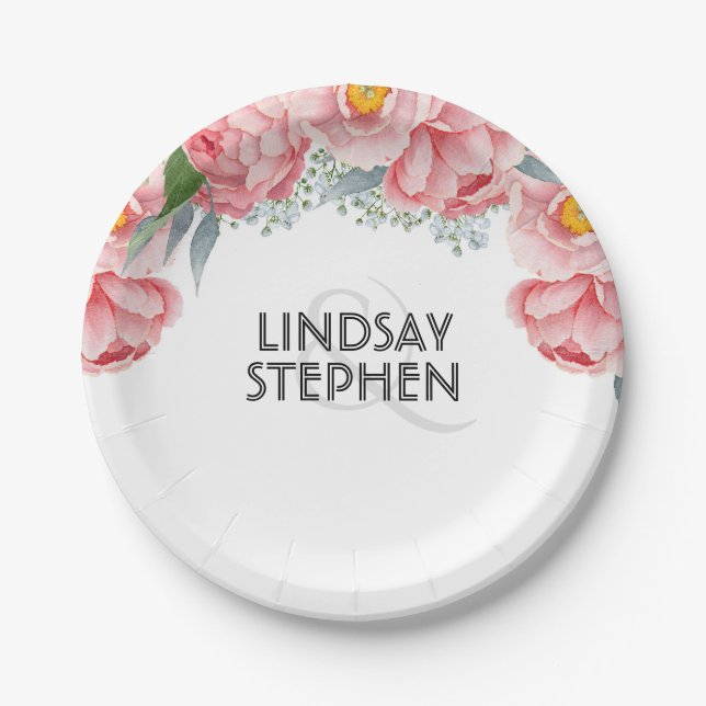 Pink Peonies Floral Elegant Wedding Paper Plates (Front)