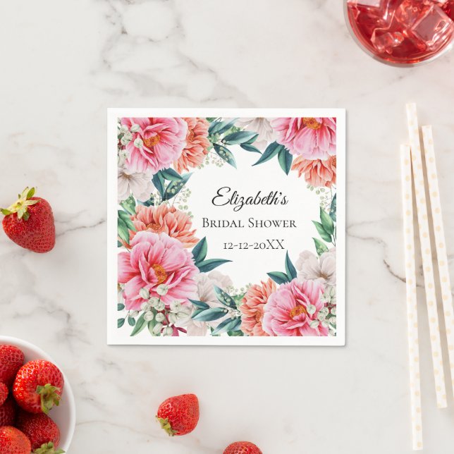 Pink Peonies Floral Eucalyptus Bridal Shower  Napkins (Insitu)