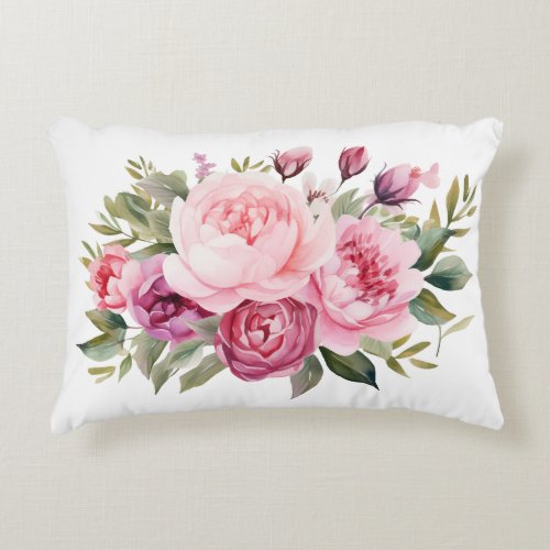 Pink Peonies Floral Flowers Watercolor Elegant Accent Pillow