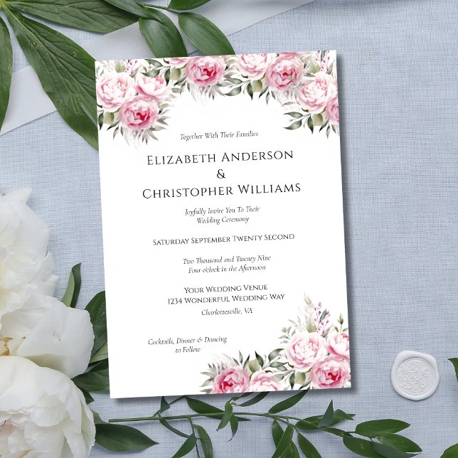 Pink Peonies Floral Flowers Watercolor Wedding Invitation (Pink Floral Peonies with Greenery Elegant Wedding Invitation. Printed or Digital Instant Download)