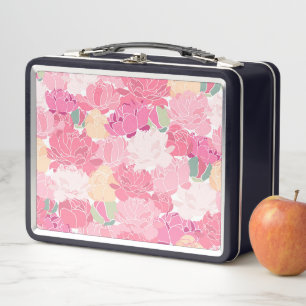 Pink Peonies Floral Garden Feminine Flowers Metal Lunch Box