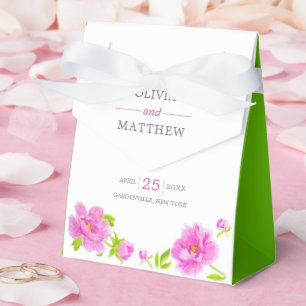 Pink Peonies Floral Green Wedding Cake Favor Box