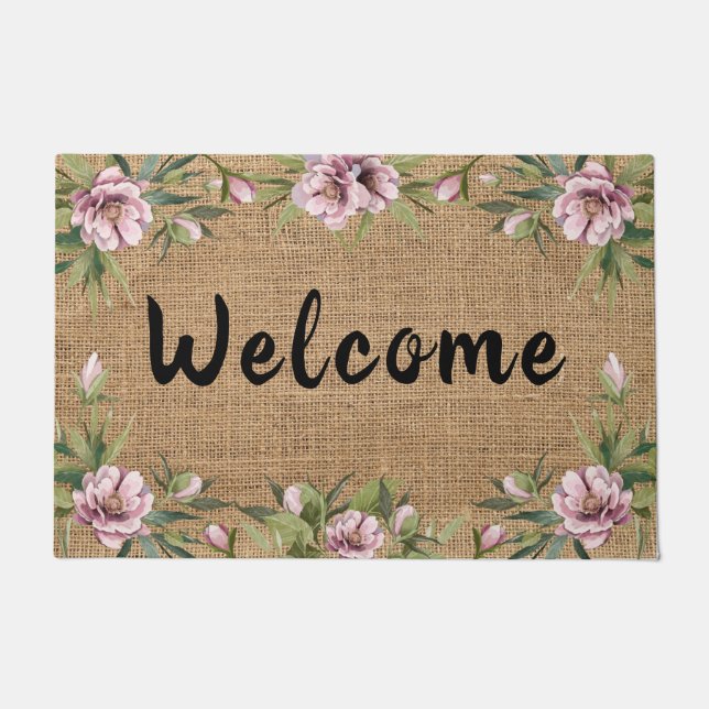 Pink Peonies Floral Greenery Spring Burlap Doormat (Front)