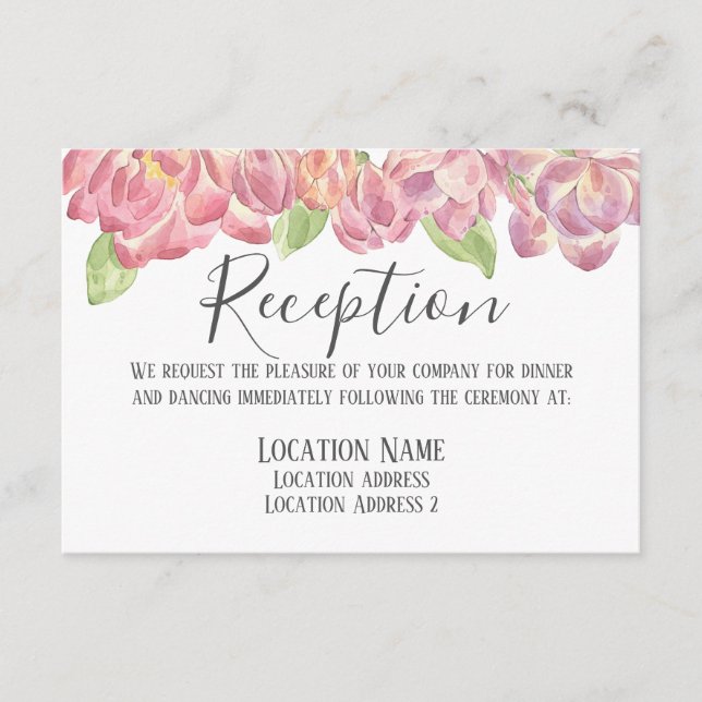 Pink Peonies floral Reception Accommodation card (Front)