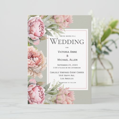 Pink Peonies Floral Watercolor Sage Green Wedding Invitation