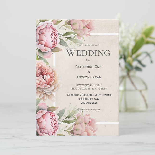 Pink Peonies Floral Watercolor Wedding Invitation (Standing Front)