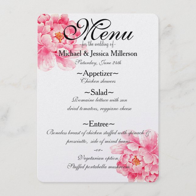 Pink Peonies Floral Wedding Menu (Front)