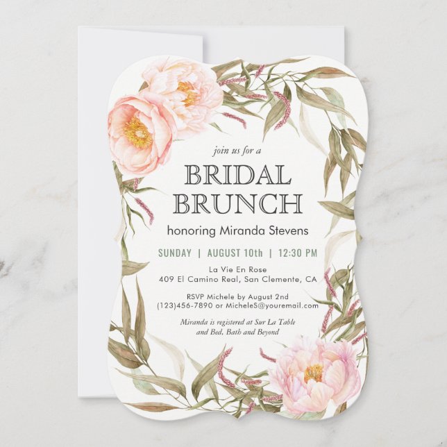 Pink Peonies Floral Wreath Bridal Brunch Invitation (Front)