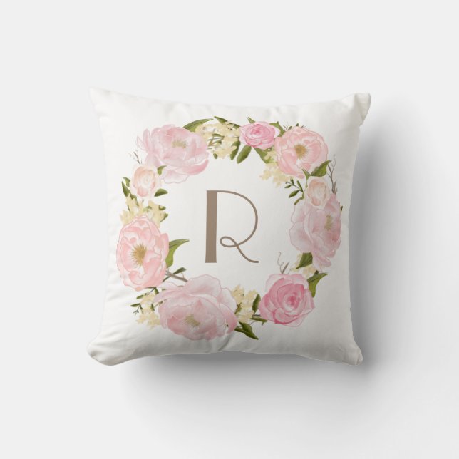 Pink Peonies Floral Wreath Monogram Pillow (Front)