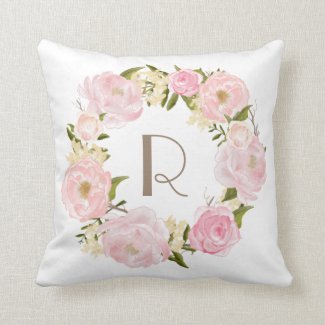 Pink Peonies Floral Wreath Monogram Pillow