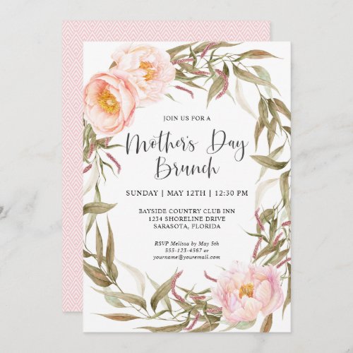 Pink Peonies Floral Wreath Mothers Day Brunch Invitation