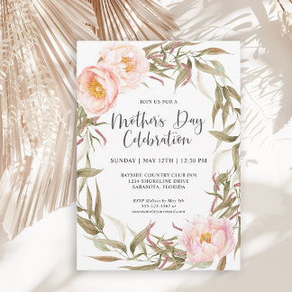 Pink Peonies Floral Wreath Mothers Day Celebration Invitation