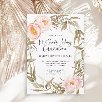 Pink Peonies Floral Wreath Mothers Day Celebration Invitation by DP_Holidays at Zazzle