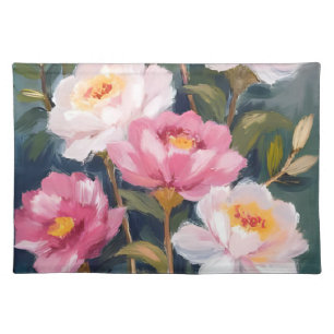 Pink Peonies Flower Bouquet Watercolor Cloth Placemat