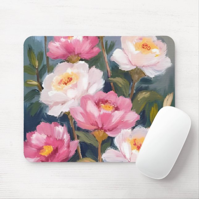 Pink Peonies Flower Bouquet Watercolor Mouse Pad (With Mouse)