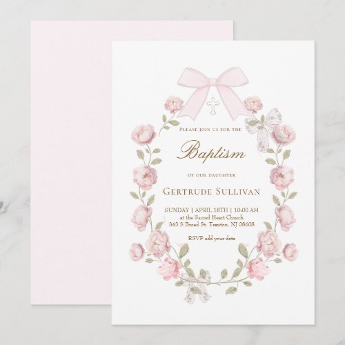 pink peonies flowers Baptism Invitation