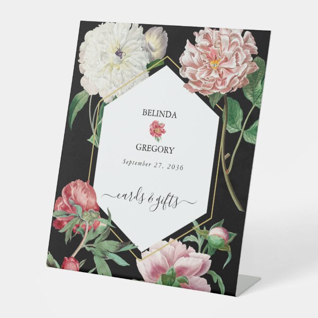 Pink Peonies Flowers Wedding Black Cards Gifts Pedestal Sign (Front)