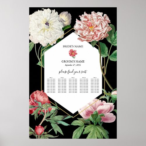 Pink Peonies Flowers Wedding Black Seating Chart