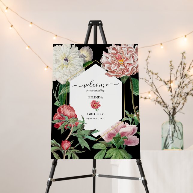 Pink Peonies Flowers Wedding Black Welcome Sign (In Situ (Stand))