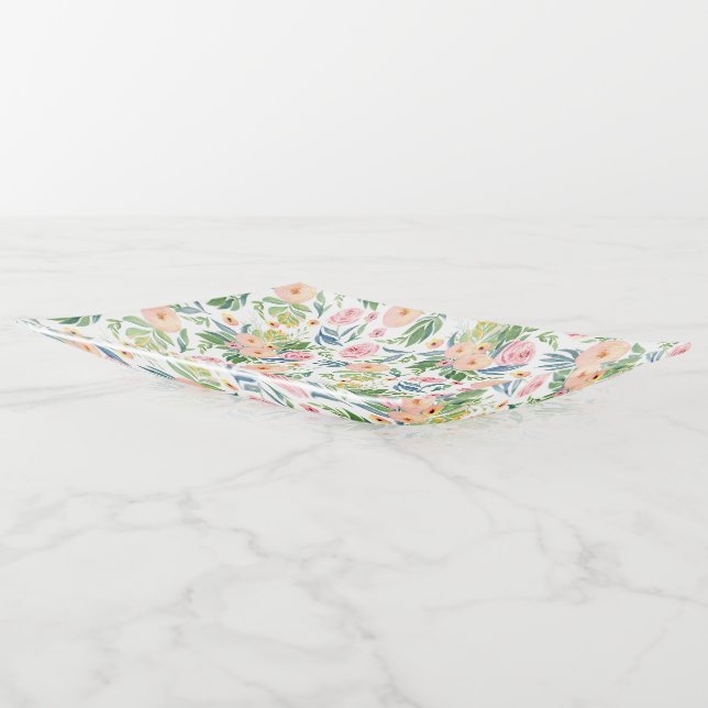 Pink peonies flowers with leaves pattern trinket tray (Angled)