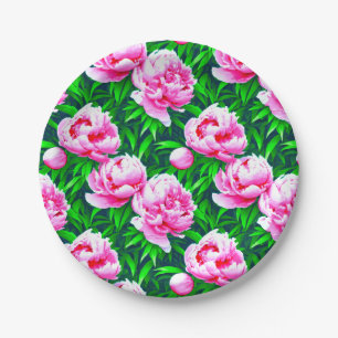 Pink Peonies Garden Print Paper Plates