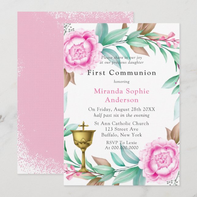 Pink Peonies Gold Chalice First Communion  Invitation (Front/Back)
